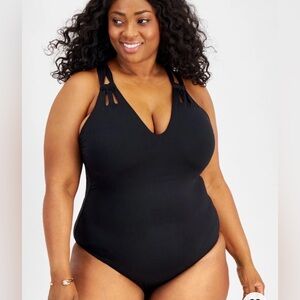 Becca Black One Piece Swimsuit Plus Size 0X Cutout Strap Swimwear NWT slimming